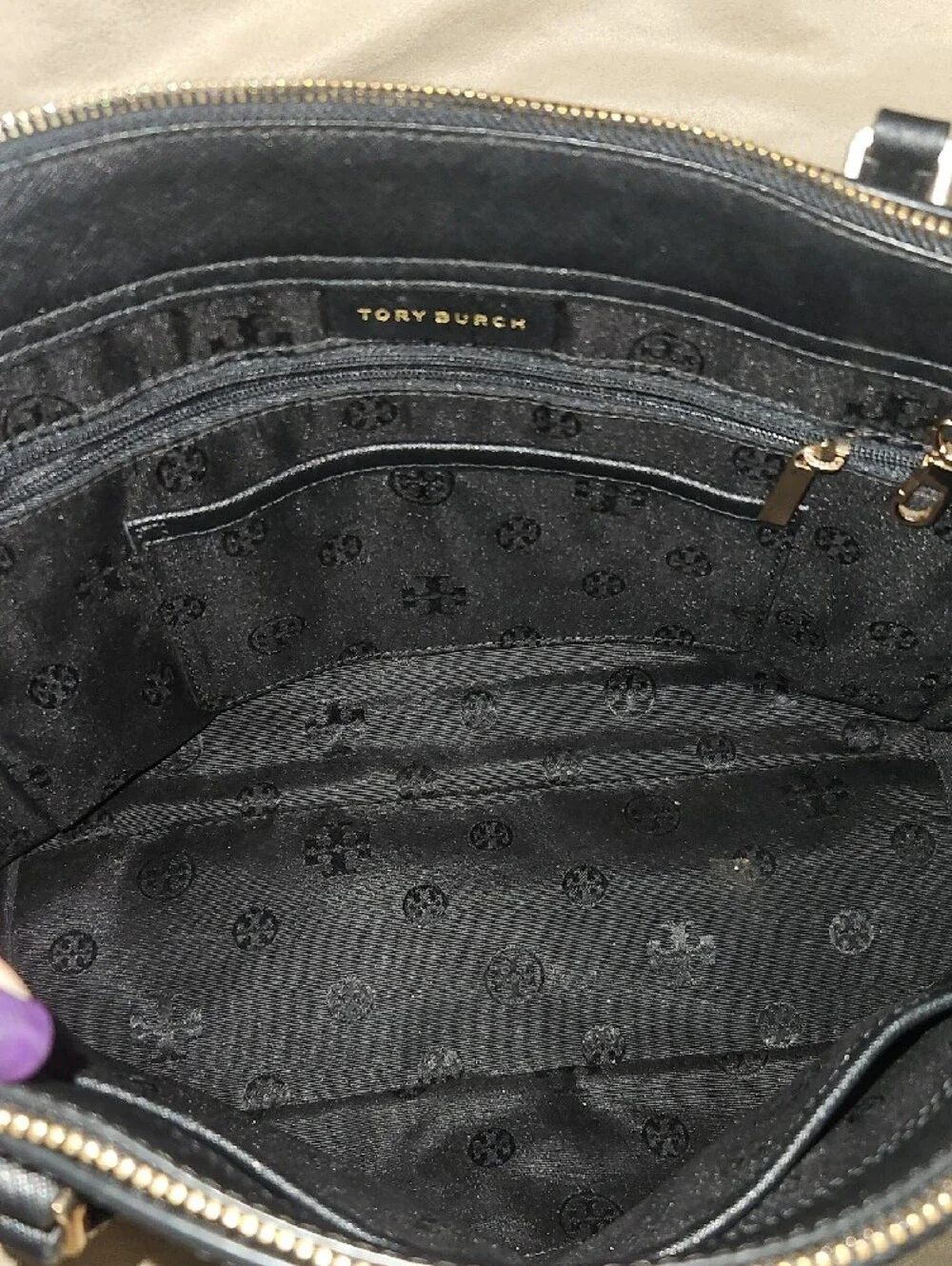 Tory Burch Black Leather Tote with Gold Logo